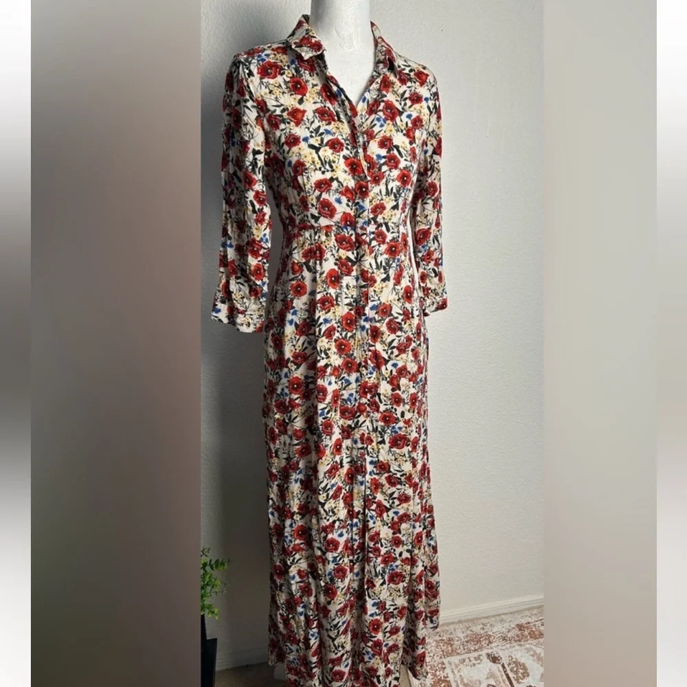 Zara White Floral Long Sleeve Wrap Dress with Red Accents - Picture 4 of 9